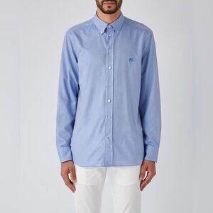 Chap’s Stretch Easy Care Men’s Button Down Shirt Size Medium Blue White